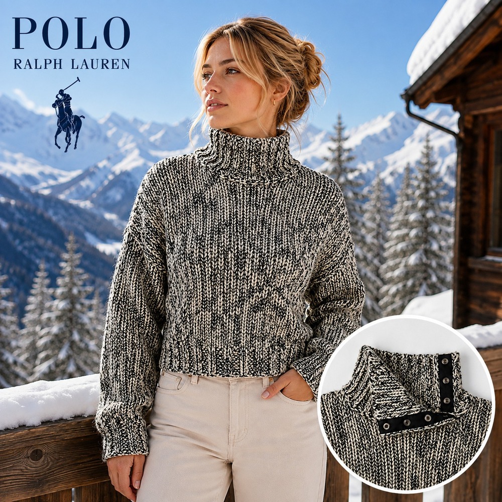 Polo Ralph Lauren 100% Wool Sweater Womens M Black White Hand Knit Chunky Vtg